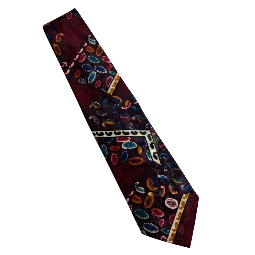 Vintage Designer Silk House Tie OS Burgundy Paisley Abstract‎ Geometric Silk A22